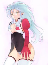 Rule 34 | 10s, 1girl, ai: tenchi muyou!, asylum, blue hair, breasts, cleavage, cleavage cutout, clothing cutout, covered navel, earrings, elbow gloves, gloves, highres, jewelry, large breasts, leotard, long hair, parted lips, pointy ears, ryouko (tenchi muyou!), solo, spiked hair, tenchi muyou!, thighhighs, yellow eyes