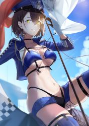 Rule 34 | 1girl, absurdres, azur lane, baltimore (azur lane), baltimore (finish line flagbearer) (azur lane), bikini, black bikini, blue bikini, blue footwear, blue hat, blue jacket, blue shorts, blue sky, boots, braid, breasts, brown hair, chest harness, choker, cleavage, cloud, collarbone, commentary, cowboy shot, cropped jacket, day, flag, french braid, gloves, grin, groin, hair between eyes, hand up, harness, hat, highleg, highleg bikini, highres, jacket, looking at viewer, medium breasts, micro shorts, mismatched bikini, navel, o-ring, official alternate costume, open clothes, open jacket, peaked cap, race queen, sankyo (821-scoville), shadow, short hair, shorts, sidelocks, sitting, sitting on object, skindentation, sky, smile, solo, stomach, swimsuit, teeth, thigh boots, thigh strap, tire, underboob, underbust, yellow eyes