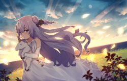 Rule 34 | 1girl, azur lane, bare shoulders, black ribbon, blue sky, blurry, blurry foreground, blush, closed mouth, cloud, cloudy sky, collarbone, commentary request, depth of field, detached sleeves, dress, floating hair, flower, hair between eyes, hair bun, hair ribbon, long hair, long sleeves, looking at viewer, hugging object, one side up, outdoors, petals, purple eyes, purple hair, red flower, ribbon, shinopoko, side bun, single hair bun, single side bun, sky, sleeves past wrists, smile, solo, stuffed animal, stuffed toy, stuffed winged unicorn, sunset, unicorn (azur lane), very long hair, white dress, white sleeves, yellow flower