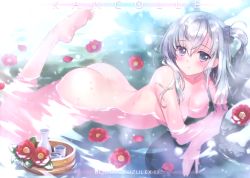 Rule 34 | 1girl, absurdres, alcohol, ass, bare arms, bare legs, barefoot, blush, bottle, breasts, bucket, carnelian, choko (cup), closed mouth, collarbone, cup, flower, hair ornament, hair scrunchie, highres, kantai collection, long hair, looking at viewer, lying, medium breasts, nude, on stomach, onsen, partially submerged, petals, rock, sake, sake bottle, scan, scrunchie, side ponytail, smile, solo, suzutsuki (kancolle), thighs, toes, tokkuri, water, water drop, wooden bucket