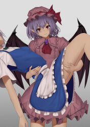 Rule 34 | 2girls, ascot, bat wings, carrying, dress, gradient background, grey background, hat, hat ribbon, highres, izayoi sakuya, looking at viewer, maid, mob cap, multiple girls, pink dress, pink hat, pointy ears, purple hair, red ascot, red eyes, red ribbon, remilia scarlet, ribbon, short hair, tofuandsoup, touhou, wings