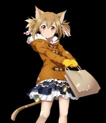 Rule 34 | 10s, 1girl, animal ears, brown coat, brown hair, cat ears, cat tail, cloak, coat, full body, gloves, holding, hood, hooded cloak, layered skirt, long hair, looking at viewer, red eyes, silica, silica (sao-alo), skirt, smile, solo, standing, sword art online, tail, transparent background, yellow gloves