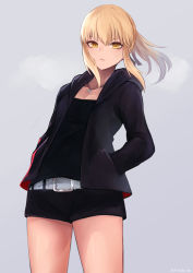 Rule 34 | 1girl, :&lt;, artoria pendragon (all), artoria pendragon (fate), bad id, bad pixiv id, belt, black shirt, black shorts, blonde hair, blouse, breasts, cleavage, closed mouth, fate/grand order, fate/stay night, fate (series), grey background, hair between eyes, hands in pockets, highres, hood, hoodie, jewelry, looking at viewer, necklace, official alternate costume, open clothes, open hoodie, ponytail, saber (fate), saber alter, saber alter (ver. shinjuku 1999) (fate), shirt, short shorts, shorts, sidelocks, simple background, small breasts, solo, standing, thighs, twitter username, yellow eyes, yukihama