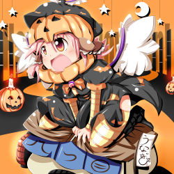 Rule 34 | 1girl, adapted costume, animal ears, crescent, dress, hat, highres, jack-o&#039;-lantern, kikurage (sugi222), mystia lorelei, open mouth, orange thighhighs, pink hair, pumpkin, red eyes, short hair, smile, solo, star (symbol), striped clothes, striped thighhighs, thighhighs, touhou, wings