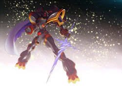 Rule 34 | 00s, alphamon, armor, cape, digimon, digimon (creature), digital monster x-evolution, epic, full armor, monster, no humans, red eyes, royal knights, sasasi, solo, sword, weapon
