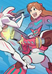Rule 34 | 1girl, 1other, armor, blue eyes, bodysuit, brown hair, crossover, english text, fighting, getter robo, highres, holding, holding weapon, interface headset, long hair, looking at another, mass production eva, mecha, multiple views, neon genesis evangelion, open mouth, plugsuit, red bodysuit, robot, shin getter-1, shin getter robo, shiny clothes, souryuu asuka langley, super robot wars, super robot wars dd, the end of evangelion, violence, weapon, wide hips, zestysauce