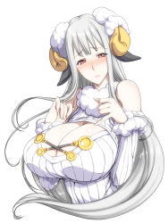 Rule 34 | 00s, 1girl, animal ears, bare shoulders, blush, breasts, cleavage, detached sleeves, ebido, highres, horns, huge breasts, long hair, looking at viewer, meme attire, open-chest sweater, pink eyes, ribbed sweater, selvaria bles, senjou no valkyria (series), sheep ears, sheep girl, sheep horns, silver hair, sleeveless, sleeveless turtleneck, solo, sweater, turtleneck