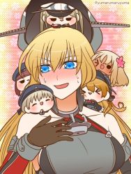 Rule 34 | &gt; &lt;, 10s, bismarck (kancolle), blonde hair, blue eyes, carrying over shoulder, carrying overhead, chibi, chibi on head, commentary request, closed eyes, graf zeppelin (kancolle), hat, kantai collection, on head, prinz eugen (kancolle), ro-500 (kancolle), smug, uniform, yumaru (marumarumaru), z1 leberecht maass (kancolle), z3 max schultz (kancolle)
