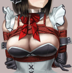 Rule 34 | 1girl, arms behind back, bdsm, black gloves, black hair, blush, bondage, bound, breasts, cleavage, close-up, closed mouth, collar, corset, elbow gloves, facing viewer, gloves, grey background, head out of frame, itou tatsuya, large breasts, maid, original, rope, shibari, shibari over clothes, slave, solo, sweatdrop, veins, veiny breasts