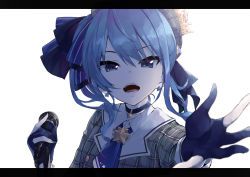 Rule 34 | 1girl, beret, blue bow, blue eyes, blue gloves, blue hair, blue neckwear, bow, collared shirt, crown, dress shirt, gloves, grey hat, grey jacket, hair between eyes, hair bow, hat, highres, holding, holding microphone, hololive, hoshimachi suisei, hoshimachi suisei (1st costume), jacket, konkito, letterboxed, long hair, long sleeves, looking at viewer, microphone, microphone stand, mini crown, open mouth, partially fingerless gloves, plaid, plaid headwear, plaid jacket, shirt, simple background, solo, striped, striped bow, tsurime, upper body, v-shaped eyebrows, virtual youtuber, white background, white shirt