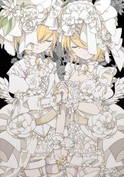 Rule 34 | 1boy, 1girl, angel, angel wings, bare arms, blonde hair, bonnet, breasts, brother and sister, choker, commentary, daisy, dress, closed eyes, floral background, flower, frilled dress, frills, garter straps, gem, hat, holding hands, interlocked fingers, kagamine len, kagamine rin, lace trim, lolita fashion, one eye covered, pale skin, pearl (gemstone), rose, shorts, siblings, small breasts, smile, top hat, twins, vocaloid, white flower, white rose, wings, yoshiki