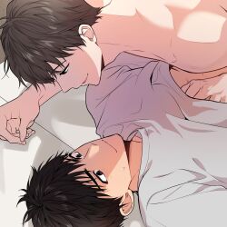 Rule 34 | blush, boy on top, brown hair, grey shirt, hand under clothes, hand under shirt, jeong taeui, kangjak, ling xinlu, looking at another, lying, male focus, official art, on floor, open mouth, passion (manhwa), shirt, short hair, smile, sweatdrop, upper body, yaoi