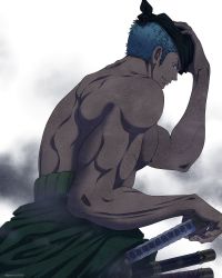 Rule 34 | 1boy, back, bandana, dark-skinned male, dark skin, from side, green hair, green kimono, highres, japanese clothes, katana, kimono, large pectorals, looking at viewer, male focus, muscular, muscular male, nipples, one piece, pectorals, pinattsu, roronoa zoro, scar, scar across eye, scar on face, sheath, sheathed, topless male, short hair, solo, sword, upper body, veins, weapon