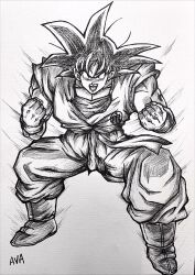 Rule 34 | 1boy, boots, clenched hands, commentary, crosshatching, dougi, dragon ball, dragonball z, draw with aid, english commentary, full body, furrowed brow, greyscale, hatching (texture), highres, making-of available, male focus, marker (medium), monochrome, muscular, muscular male, open mouth, serious, signature, solo, son goku, squatting, traditional media, video crop, wristband