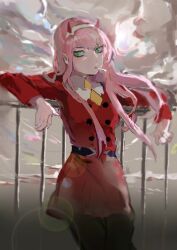 Rule 34 | against fence, blurry, bulubulu (7441513), candy, cloud, cloudy sky, coat, darling in the franxx, fence, food, green eyes, hairband, highres, horns, lollipop, looking at viewer, mouth hold, necktie, orange necktie, outdoors, pantyhose, pink hair, red coat, red horns, sky, white hairband, zero two (darling in the franxx)