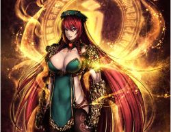 Rule 34 | 1girl, adapted costume, armor, braid, breasts, chinese clothes, cleavage, covered navel, female focus, gauntlets, hat, hong meiling, kugi ta hori taira, large breasts, lips, long hair, looking at viewer, parted lips, red eyes, red hair, smile, solo, star (symbol), tattoo, touhou, twin braids, very long hair