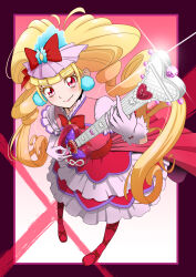 Rule 34 | 1girl, aisaki emiru, blonde hair, blunt bangs, boots, bow, bowtie, closed mouth, commentary, cure macherie, diffraction spikes, dress, drill hair, earrings, eyelashes, frilled sleeves, frills, full body, gloves, hat, hat bow, heart, highres, holding, holding instrument, hugtto! precure, instrument, itou shin&#039;ichi, jewelry, knee boots, layered dress, lips, long hair, looking at viewer, magical girl, medium dress, mob cap, music, pink hat, playing instrument, pom pom (clothes), pom pom earrings, precure, red bow, red dress, red eyes, red footwear, short sleeves, smile, solo, standing, twin drills, twintails, white gloves