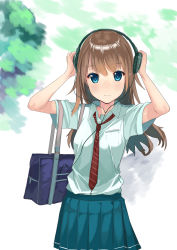 Rule 34 | 1girl, bag, blue bag, blue eyes, blue skirt, blurry, breast pocket, brown hair, closed mouth, collared shirt, colored eyelashes, cowboy shot, day, depth of field, frown, hands up, headphones, highres, holding, holding headphones, kagematsuri, long hair, looking at viewer, necktie, original, outdoors, pleated skirt, pocket, red necktie, school bag, school swimsuit, shirt, shoulder bag, skirt, solo, standing, striped necktie, swimsuit, white shirt, wing collar