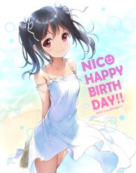Rule 34 | 10s, 1girl, 2016, arms behind back, black hair, blush, character name, cursive, dated, dress, hair ribbon, happy birthday, hat, long hair, looking at viewer, love live!, love live! school idol project, mignon, red eyes, ribbon, signature, smile, solo, straw hat, sundress, twintails, twitter username, unworn hat, unworn headwear, yazawa nico