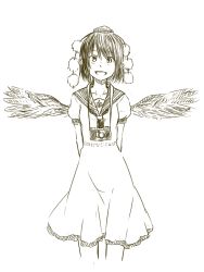 Rule 34 | 1girl, :d, alternate costume, arms behind back, camera, collarbone, dress, feathered wings, female focus, hat, kawashina (momen silicon), looking at viewer, monochrome, neckerchief, open mouth, pointy ears, pom pom (clothes), sailor dress, shameimaru aya, short hair, sketch, smile, solo, tokin hat, touhou, wings