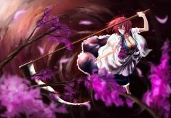 Rule 34 | 1girl, akai kitsune, bad id, bad pixiv id, blurry, breasts, cleavage, depth of field, dress, female focus, from above, hair bobbles, hair ornament, highres, large breasts, onozuka komachi, petals, red eyes, red hair, ripples, scythe, solo, touhou, tree, water