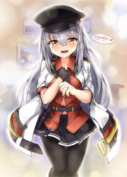 Rule 34 | 1girl, belt, black gloves, black pantyhose, black skirt, blush, breasts, cheese (cheese koubou), collared shirt, facial scar, flat cap, gangut (kancolle), gangut dva (kancolle), gloves, grey hair, hair between eyes, hat, heart, highres, indoors, jacket, jacket on shoulders, jewelry, kantai collection, long hair, looking at viewer, medium breasts, military hat, military jacket, office, open mouth, pantyhose, peaked cap, photo (object), red eyes, red shirt, ring, scar, scar on cheek, scar on face, shirt, short sleeves, skirt, smile, solo, standing, text focus, wedding ring, white jacket