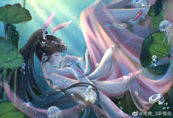 Rule 34 | 1girl, animal ears, brown hair, bubble, closed mouth, doudou 3 sui yinghua, douluo dalu, dress, earrings, closed eyes, fish, from side, jellyfish, jewelry, light, lily pad, long hair, pink dress, ponytail, rabbit ears, sinking, solo, underwater, xiao wu (douluo dalu)