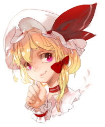 Rule 34 | 1girl, blonde hair, blush, bow, choker, female focus, flandre scarlet, hair bow, hat, hat ribbon, red eyes, ribbon, short hair, side ponytail, simple background, smile, solo, tlman, touhou, upper body, white background, wrist cuffs