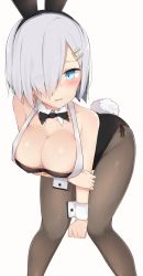 Rule 34 | 10s, 1girl, animal ears, bent over, blue eyes, bow, bowtie, breasts, cole (coleltu), detached collar, eyes visible through hair, fake animal ears, hair ornament, hair over one eye, hairclip, hamakaze (kancolle), highres, kantai collection, large breasts, leotard, pantyhose, playboy bunny, rabbit ears, rabbit tail, short hair, silver hair, solo, tail, wrist cuffs