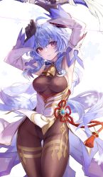 Rule 34 | 1girl, absurdres, ahoge, armpits, arms up, bell, black gloves, blue hair, bodystocking, bow (weapon), breasts, covered navel, cowboy shot, detached sleeves, flower knot, ganyu (genshin impact), genshin impact, gloves, highres, holding, holding bow (weapon), holding weapon, horns, leviathan (hikinito0902), long hair, long sleeves, looking at viewer, medium breasts, parted lips, red eyes, red ribbon, ribbon, sidelocks, simple background, snowflakes, solo, tassel, thigh gap, very long hair, weapon, white background