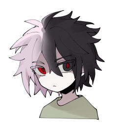 Rule 34 | 1boy, antenna hair, black eyes, black hair, closed mouth, colored eyelashes, commentary request, frown, gradient hair, green shirt, heterochromia, korean commentary, male focus, multicolored hair, nanami izu, no nose, nu (qjqmfqjqmf02), pink hair, portrait, red eyes, red pupils, saibou shinkyoku, shirt, short hair, simple background, solo, split-color hair, white background