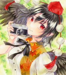 Rule 34 | 1girl, alto2019, bird wings, black hair, black wings, blush, buttons, camera, closed mouth, collared shirt, feathered wings, hair between eyes, hat, holding, holding camera, pointy ears, pom pom (clothes), red eyes, red hat, sample watermark, shameimaru aya, shirt, short hair, short sleeves, signature, smile, solo, tokin hat, touhou, upper body, watermark, white shirt, wings