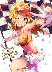Rule 34 | 1girl, ;q, armpits, bad id, bad twitter id, bare shoulders, blonde hair, blush, breasts, checkered flag, cleavage, confetti, fingerless gloves, flag, gloves, green eyes, happy birthday, high heels, hoshii miki, idolmaster, idolmaster (classic), leg up, navel, necktie, one eye closed, race queen, shiny skin, skirt, solo, sonsoso, sports bra, tongue, tongue out, v, visor cap, white background