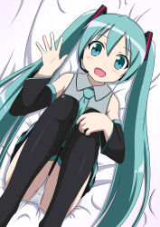 Rule 34 | 1girl, absurdres, aqua eyes, aqua hair, bare shoulders, blush, detached sleeves, from above, hatsune miku, headphones, highres, knees to chest, long hair, looking at viewer, looking up, lying, necktie, on back, open mouth, panties, pantyshot, skirt, smile, solo, thighhighs, twintails, underwear, upskirt, very long hair, vocaloid, white panties, yu-ta (aqua-sho)