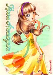 Rule 34 | 1girl, amanogawa kirara, backless dress, backless outfit, blunt bangs, bracelet, brown hair, character name, checkered hairband, cherry, cowboy shot, dress, floating hair, food, from behind, fruit, go! princess precure, hairband, jewelry, long hair, looking at viewer, looking back, mouth hold, precure, print dress, purple eyes, purple hairband, sleeveless, sleeveless dress, solo, standing, tomo5656ky, twintails, twitter username, very long hair, yellow dress