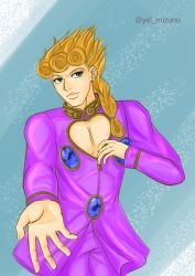 Rule 34 | absurdres, blonde hair, blue eyes, clip studio paint (medium), eye contact, giorno giovanna, highres, jojo no kimyou na bouken, long hair, looking at another, looking at viewer, self-upload, simple background, solo, vento aureo, yel mizuno