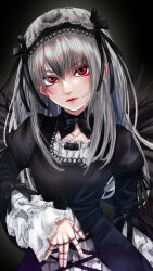 Rule 34 | 1girl, artist name, black dress, black ribbon, black wings, collarbone, detached collar, doll joints, dress, eyelashes, feathered wings, fingernails, frown, gothic lolita, grey hair, hair between eyes, hairband, highres, joints, juliet sleeves, lolita fashion, lolita hairband, long hair, long sleeves, noir (nowaru), nose, pink lips, puffy sleeves, red eyes, ribbon, rozen maiden, sleeve ribbon, solo, suigintou, two-tone dress, white dress, wings
