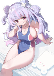 Rule 34 | 1girl, absurdres, arm support, arukiru, bare legs, blue one-piece swimsuit, blush, breasts, cleavage, collarbone, commission, competition swimsuit, covered navel, double bun, fang, hair bun, hair ornament, highres, hoshifuru ameru, indie virtual youtuber, kickboard, large breasts, long hair, looking at viewer, multicolored hair, one-piece swimsuit, pink hair, poolside, purple eyes, school swimsuit, sidelocks, sitting, skeb commission, smile, solo, streaked hair, swimsuit, twirling hair, two-tone hair, variant set, virtual youtuber, white background