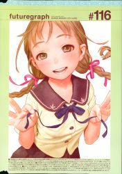 Rule 34 | 1girl, :d, blush, braid, breasts, brown eyes, brown hair, buttons, floating hair, futuregraph, hair ribbon, highres, long hair, looking at viewer, murata range, open mouth, pink ribbon, ribbon, school uniform, serafuku, short sleeves, simple background, skirt, small breasts, smile, teeth, twin braids, twintails, very long hair, white background