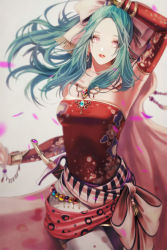 Rule 34 | 1girl, arm up, bad id, bad pixiv id, brooch, cape, detached sleeves, final fantasy, final fantasy vi, floral print, green hair, jewelry, looking at viewer, pantyhose, parted lips, petals, sash, solo, sword, tina branford, tsukimura noe, weapon