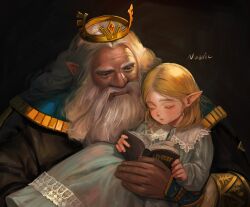 Rule 34 | absurdres, age difference, beard, blonde hair, book, facial hair, father and daughter, grey hair, highres, king, long beard, nintendo, old, old man, parent and child, princess, princess zelda, rhoam bosphoramus hyrule, tehwi, the legend of zelda, the legend of zelda: breath of the wild