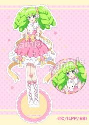 Rule 34 | 1girl, :d, boots, bow, cogimyun, colored eyelashes, dress, ebi nana, falulu, flower, full body, green hair, grey eyes, headphones, highres, knee boots, long hair, looking at viewer, open mouth, pink background, pink dress, pink flower, polka dot, polka dot background, pretty series, pripara, sample watermark, sanrio, sidelocks, smile, standing, twintails, very long hair, watermark, white footwear, yellow bow