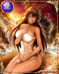 Rule 34 | 1girl, arshes nei, bastard!!, breasts, brown hair, card (medium), covering privates, covering breasts, covering crotch, dark elf, dark skin, dark-skinned female, elf, embarrassed, evening, green eyes, large breasts, legs, long hair, looking at viewer, mobage, nude, onsen, outdoors, pointy ears, sitting, solo, steam, thighs, towel, tree, wet