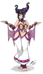 Rule 34 | 1girl, alternate costume, arm ribbon, bad id, bad tumblr id, baggy pants, bare shoulders, barefoot, bigdead, black hair, breasts, cape, contrapposto, drill hair, earrings, female focus, fingerless gloves, full body, gloves, han juri, highres, hip vent, jewelry, large breasts, navel, pants, purple eyes, revealing clothes, ribbon, short twintails, sidelocks, simple background, solo, spider web print, standing, street fighter, street fighter iv (series), toeless legwear, toes, twin drills, twintails, wide hips