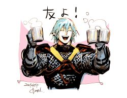 Rule 34 | 1boy, ^ ^, alcohol, armor, beer, closed eyes, cup, dated, final fantasy, haurchefant greystone, highres, holding, holding cup, kotteri, male focus, open mouth, pink background, pointy ears, smile, solo, upper body, white hair