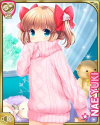 Rule 34 | 1girl, blue eyes, bow, brown hair, character name, girlfriend (kari), hair bow, indoors, long hair, no pants, official art, pink sweater, qp:flapper, ribbon, sleeves past wrists, solo, stuffed animal, stuffed toy, sweater, teddy bear, turtleneck, turtleneck sweater, two side up, window, yuuki nae
