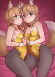 Rule 34 | 2girls, absurdres, alice gear aegis, animal ears, black pantyhose, bow, bowtie, breasts, brown eyes, feet out of frame, fox ears, fox tail, gold leotard, green eyes, highres, holding hands, hutokumi, kotomura akane, kotomura amane, long hair, looking at viewer, low twintails, medium breasts, multiple girls, nontraditional playboy bunny, pantyhose, red bow, red bowtie, siblings, sisters, tail, twins, twintails
