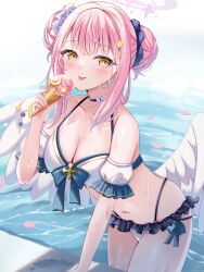 Rule 34 | 1girl, blue archive, breasts, cleavage, food, highres, ice cream, looking at viewer, mika (blue archive), pink hair, sakura hiyori, short hair, smile, solo, swimsuit, wings, yellow eyes