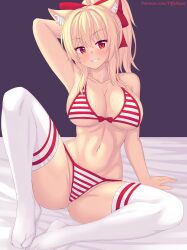Rule 34 | 1girl, animal ears, arm up, armpits, bikini, blonde hair, blush, breasts, cat ears, cat girl, cleavage, collarbone, commentary, english commentary, full body, hair ornament, highres, large breasts, looking at viewer, navel, nottytiffy, original, parted lips, patreon username, ponytail, red eyes, sideboob, sitting, slit pupils, smile, solo, striped bikini, striped clothes, swimsuit, thighhighs, thighs, tiffy (nottytiffy), underboob, white thighhighs