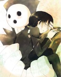 Rule 34 | 00s, age difference, black hair, blush, carrying, closed eyes, death the kid, family, father and son, male focus, mask, shinigami-sama, short hair, soul eater